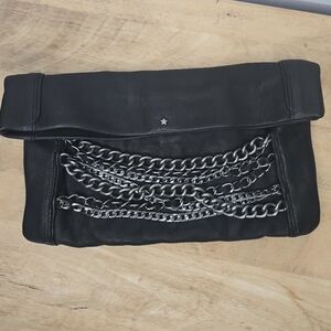 ASH Black Leather Fold Over Clutch Bag Purse W/ Chunky Silver Chain Accents